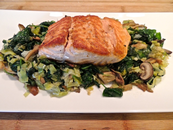 Pan-Seared Salmon with Sautéed Spinach, Mushrooms, and Leeks; Photo Credit: Accounting for Taste
